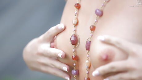 Deluxe hungarian blond Candee Licious in sexy underwear masturbating outdoor